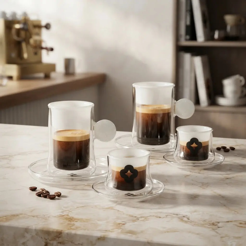 Glass Tea and Cawa Cup Set 18 Pieces White with Black Geometric Design by Siddiq Gifts