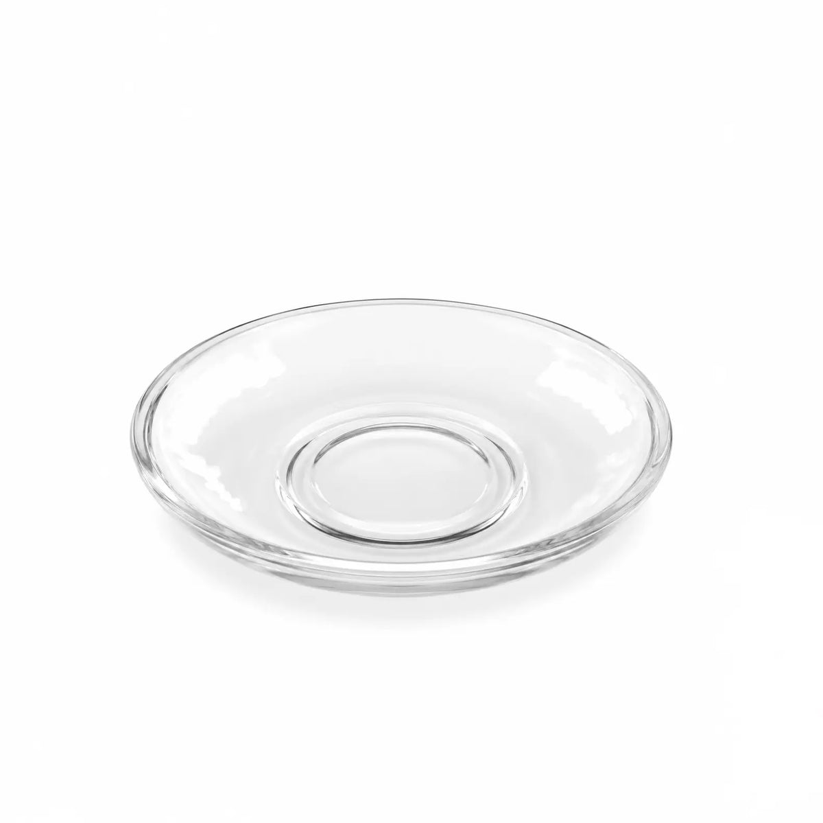 A clear glass saucer plate with a raised center, shown on a plain white background.
