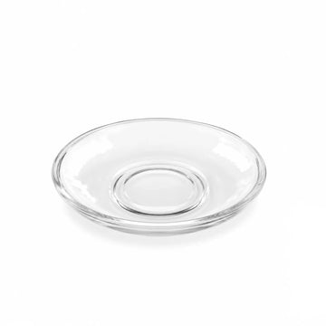 A clear glass saucer plate with a raised center, shown on a plain white background.