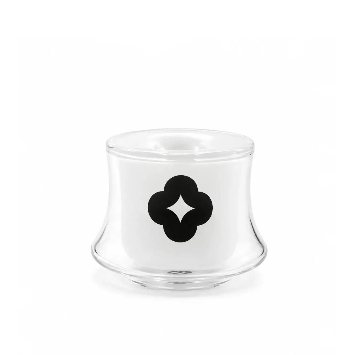 A clear glass bowl with a flared base and a black four-lobed logo on the front, photographed on a clean white background.