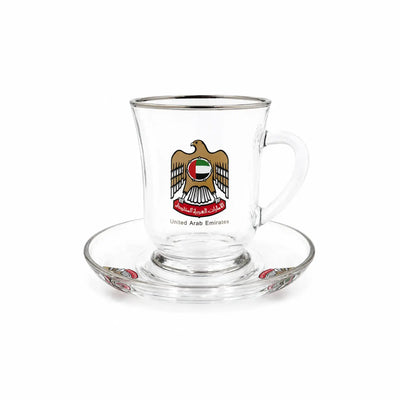 Glass Tea Cup and Saucer Set 12 Pieces with Silver Rim and UAE Logo Design by Siddiq Gifts
