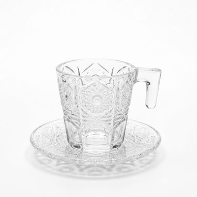 Glass Tea Cup And Saucer Set 12 Pieces Clear Embossed Glass Siddiq Gifts