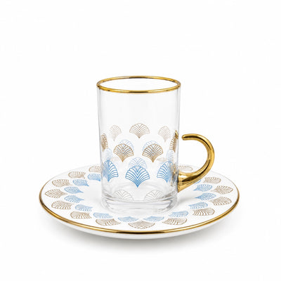 Glass Tea Cup And Saucer Set 12 Pieces Clear Glass With Gold Handle And Decorative Saucers Siddiq Gifts
