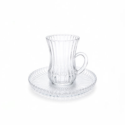 Glass Tea Cup & Saucer Set 12 Pieces Clear Ribbed Glass Siddiq Gifts