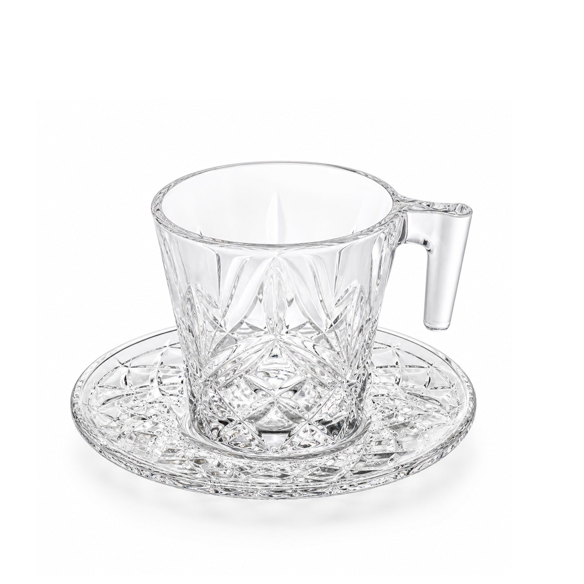 Glass Tea Cup with Saucer Set 12 Pieces Clear Classic Cut Pattern ...