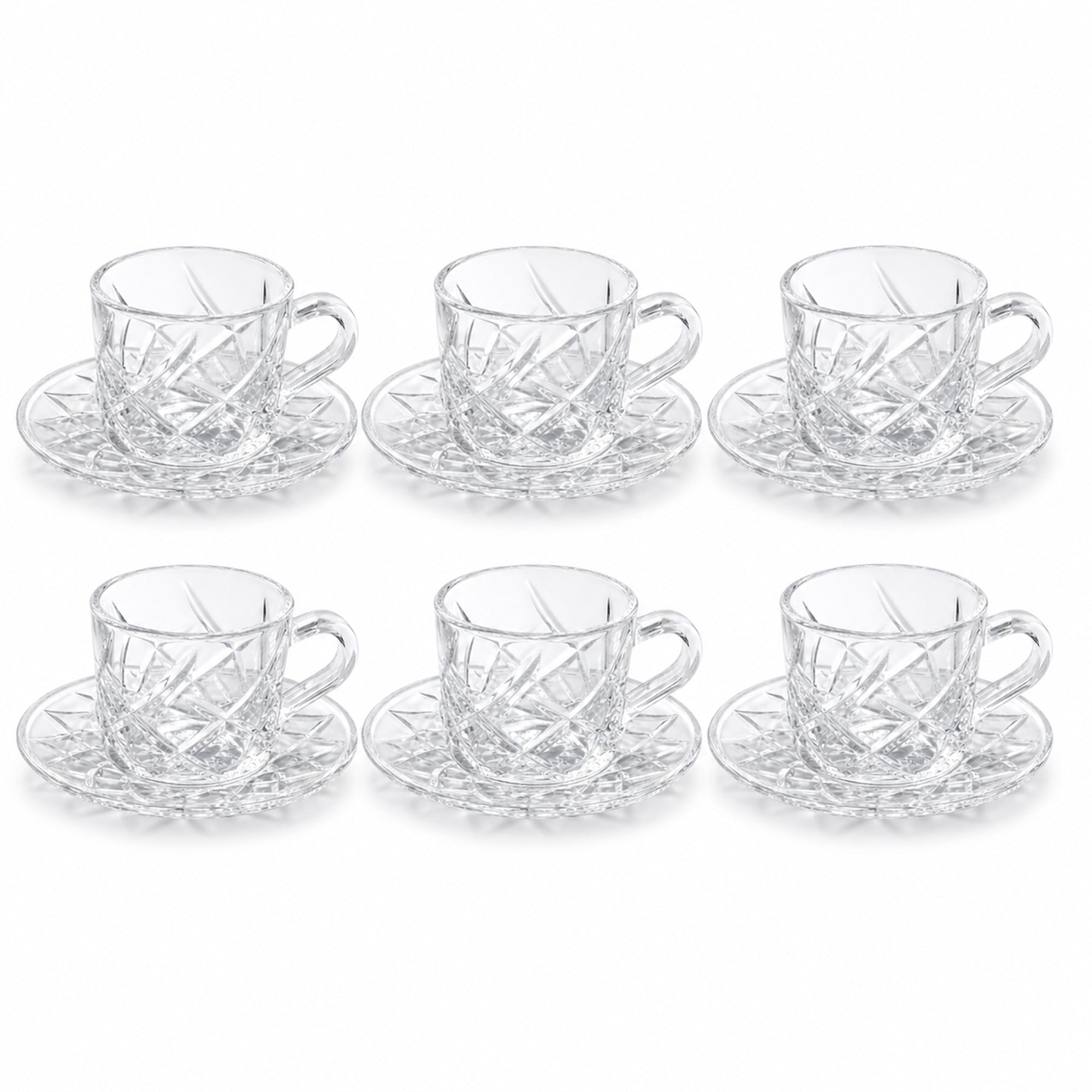 Glass Tea Cup with Saucer Set 12 Pieces Clear Cut Pattern | Siddiq Gifts