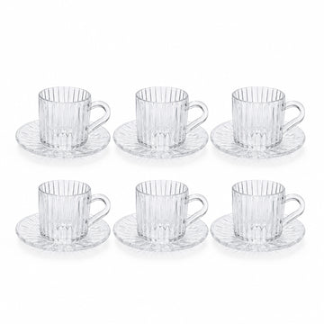 Glass Tea Cup with Saucer Set 12 Pieces Clear Glass Ribbed Pattern Design Elegant Tea Cups by Siddiq Gifts