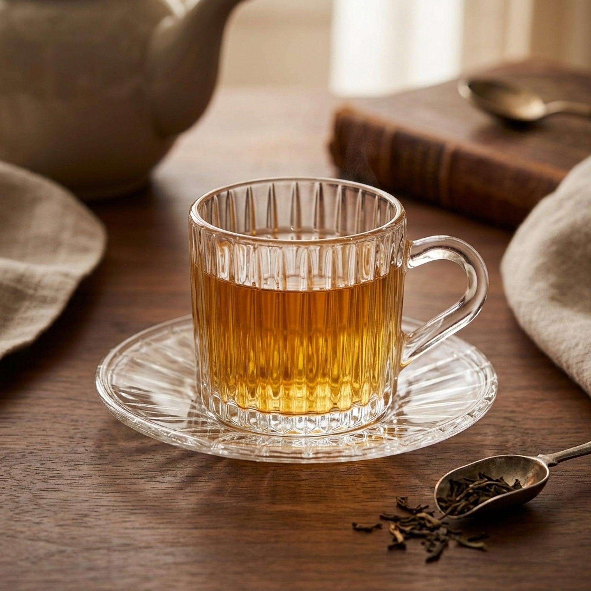 Glass Tea Cup with Saucer Set 12 Pieces Clear Glass Ribbed Pattern Design Elegant Tea Cups by Siddiq Gifts