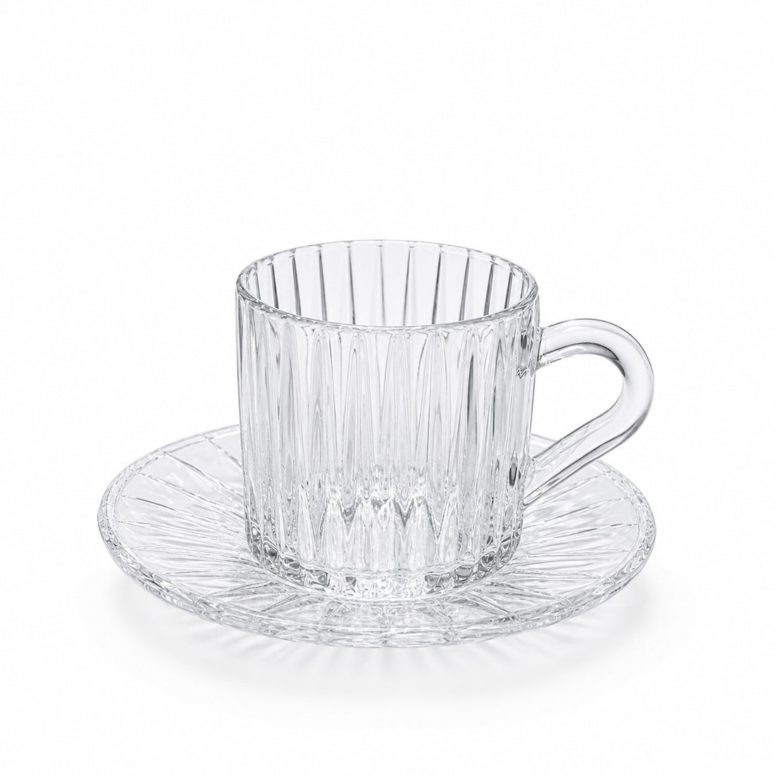 VR-CF007S12 Glass Tea Cup with Saucer Set – 12 Pieces – Clear Glass with Ribbed Pattern Design