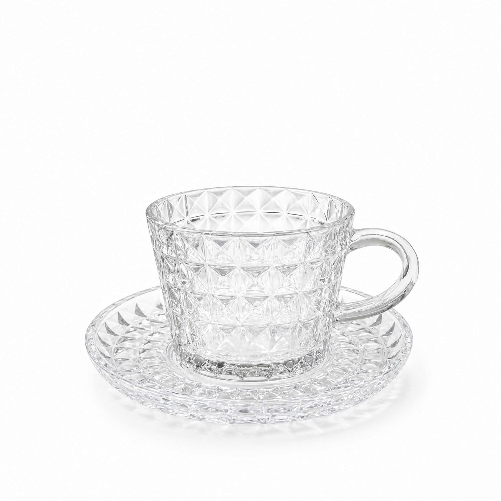 Glass Tea Cup & Saucer Set 12 Pieces Cut Crystal Design | Siddiq Gifts