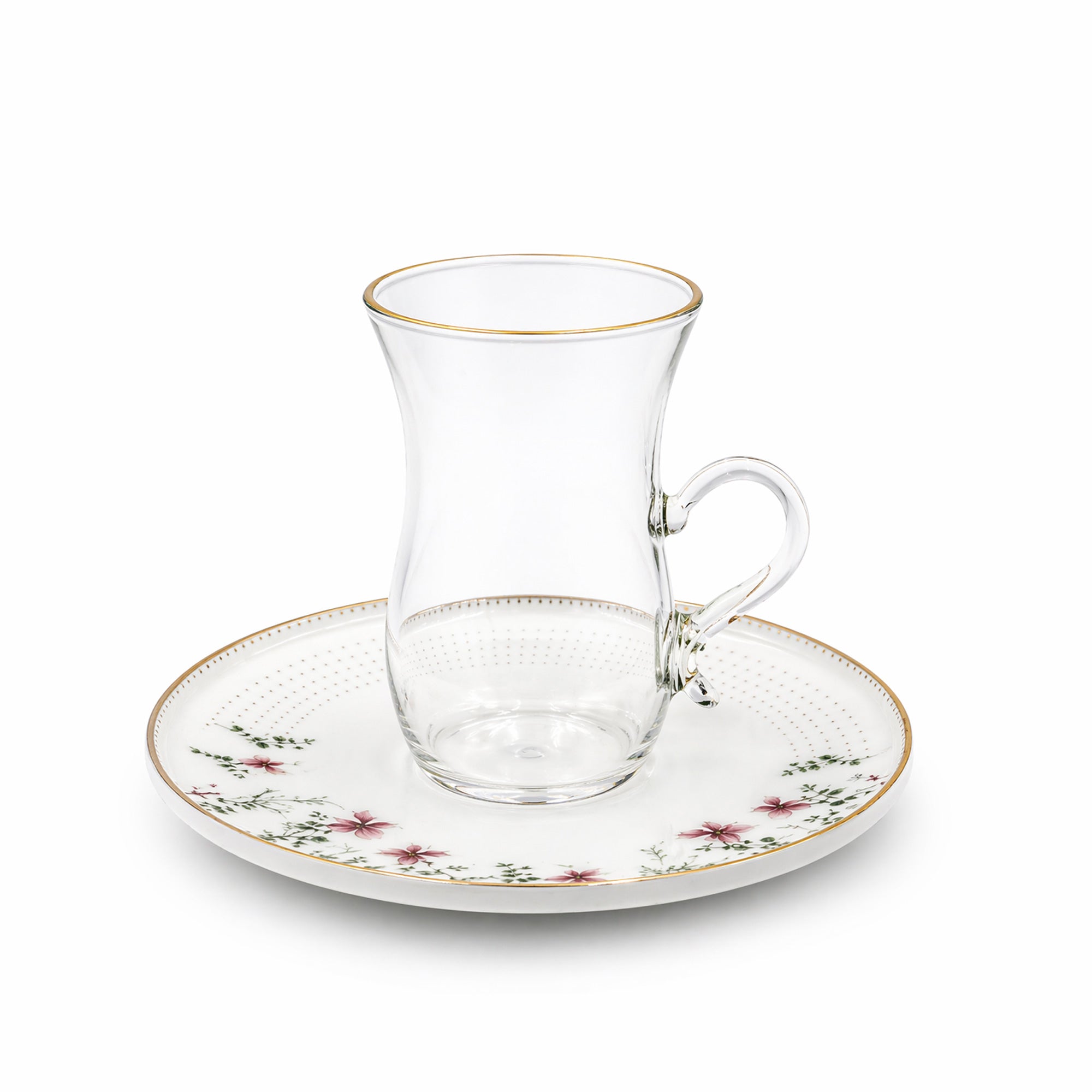 Glass Tea Cup & Saucer Set 12 Pieces Clear Glass Gold Rim Floral Saucer ...
