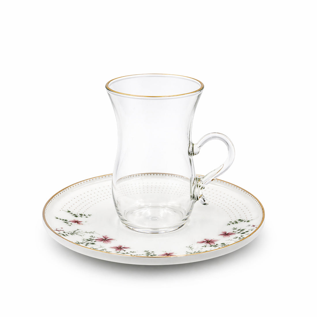 طقم كوب وصحن شاي زجاجي GP-154 - 12 قطعة - زجاج شفاف بحافة ذهبية وصحن مزخرف بالزهور طقم شاي أنيق