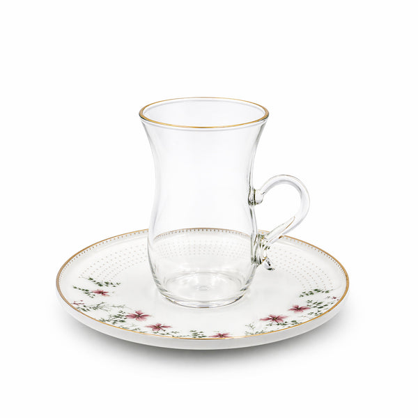 Glass Tea Cup And Saucer Set 12 Pieces Clear Glass With Gold Rim And Floral Saucer Elegant Tea Set With Matching Saucers Stylish Set For Tea Serving By Siddiq Gifts
