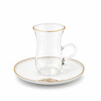 GP-150 Glass Tea Cup & Saucer Set – 12 Pieces – Clear Glass with Gold Rim & Elegant Floral Accent Design