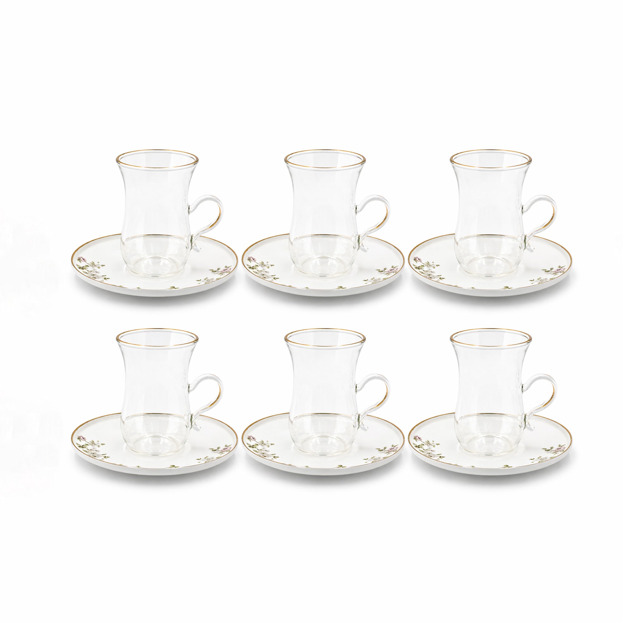 Glass Tea Cup And Saucer Set 12 Pieces Clear Glass With Gold Rim And Floral Design Elegant Tea Set With Matching Saucers Stylish Set For Tea Serving By Siddiq Gifts
