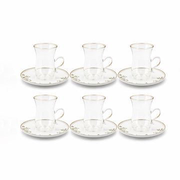 Glass Tea Cup And Saucer Set 12 Pieces Clear Glass With Gold Rim And Floral Design Elegant Tea Set With Matching Saucers Stylish Set For Tea Serving By Siddiq Gifts