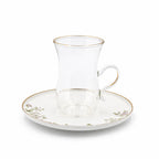 GP-146 Glass Tea Cup & Saucer Set – 12 Pieces – Clear Glass Cup with Gold Rim & Floral Design