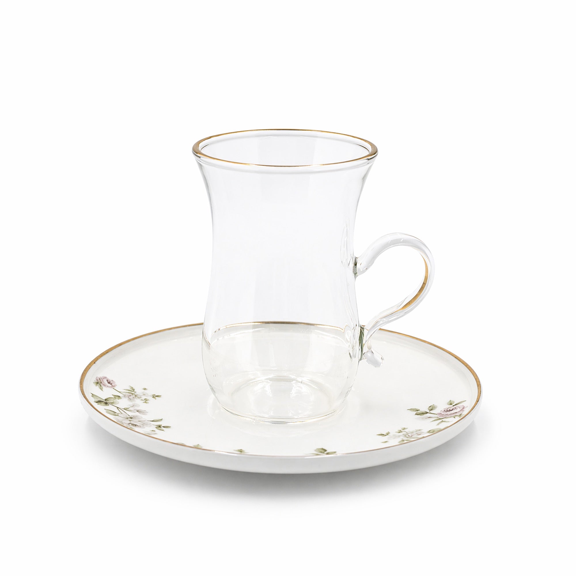 Glass Tea Cup And Saucer Set 12 Pieces Clear Glass With Gold Rim And Floral Design Elegant Tea Set With Matching Saucers Stylish Set For Tea Serving By Siddiq Gifts