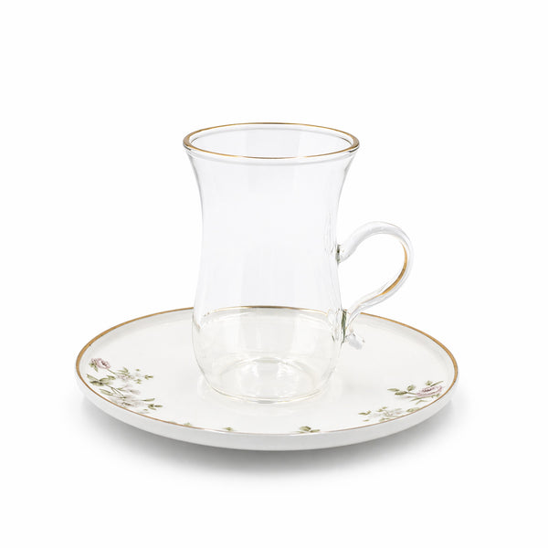 Glass Tea Cup And Saucer Set 12 Pieces Clear Glass With Gold Rim And Floral Design Elegant Tea Set With Matching Saucers Stylish Set For Tea Serving By Siddiq Gifts