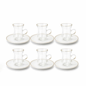 Glass Tea Cup And Saucer Set 12 Pieces Clear Glass With Gold Rim And Elegant Pattern Design Stylish Tea Set With Matching Saucers For Serving By Siddiq Gifts