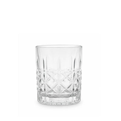Elegant 6-piece clear glass tumbler set with a 310 ml capacity and geometric textured design, perfect for serving water, juice, soft drinks, and refreshing beverages at Siddiq Gifts.