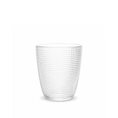 Elegant 6-piece clear glass tumbler set with a 340 ml capacity and textured design, perfect for serving water, juice, soft drinks, and refreshing beverages at Siddiq Gifts.