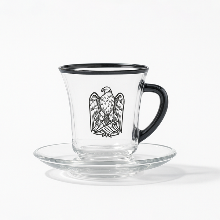 Clear glass coffee cup with black handle and eagle emblem on a white background