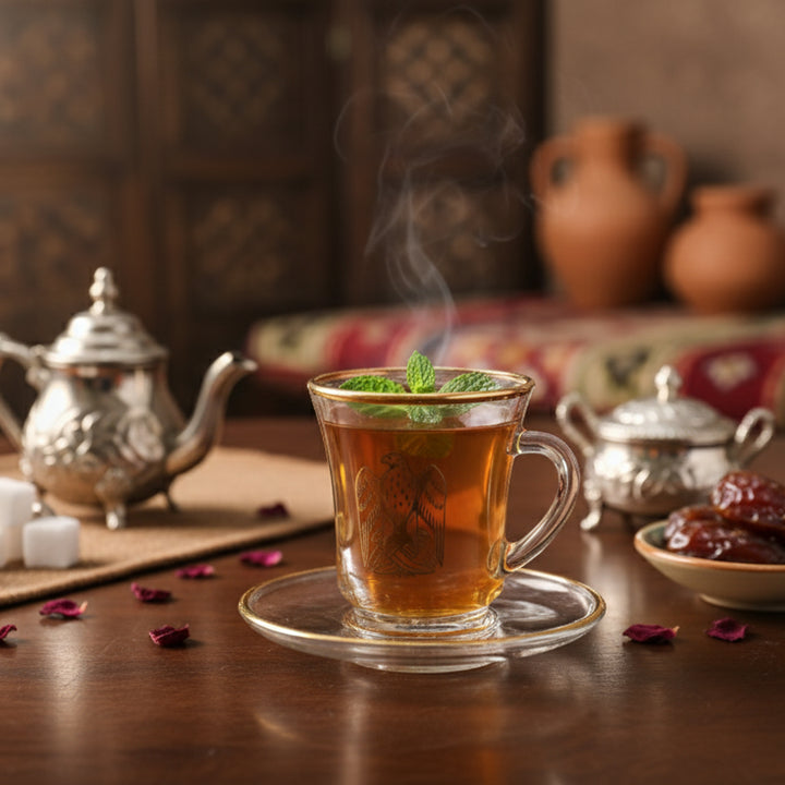 Steaming cup of tea with mint leaves on a wooden table with teapot and cookies.