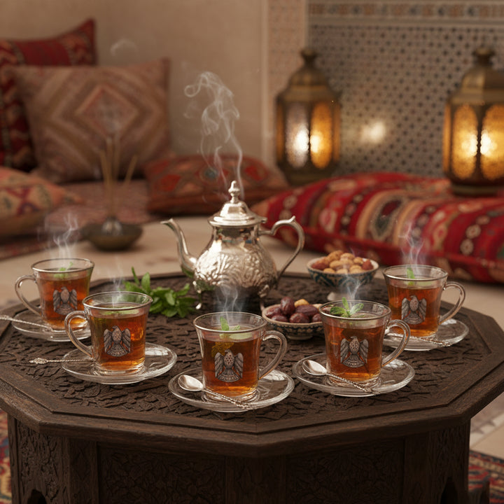 Tea set with steaming cups on a decorative table in a cozy room.