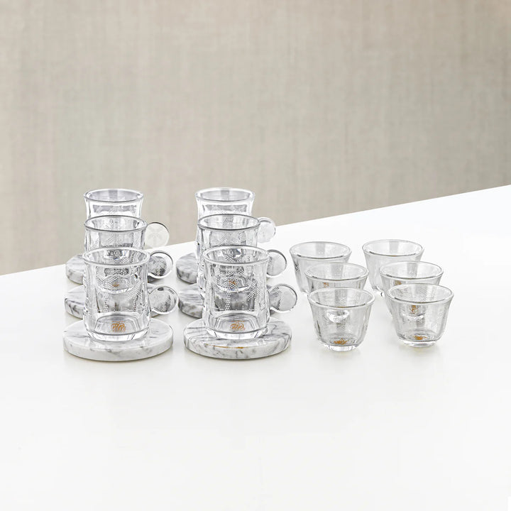 GLS2630111 Glass Tea & Cawa Cup Set – 18 Pieces – Textured Clear Glass ...