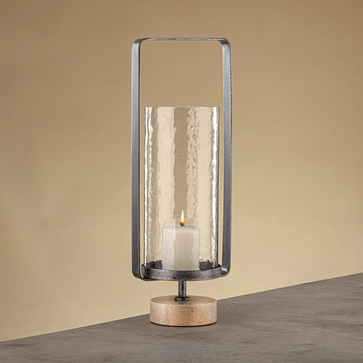 GMT2960030 Kalon Hurricane Lantern with Hammered Clear Glass and Travertine Base | Siddiq Gifts Abu Dhabi