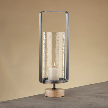 GMT2960030 Kalon Hurricane Lantern with Hammered Clear Glass and Travertine Base | Siddiq Gifts Abu Dhabi