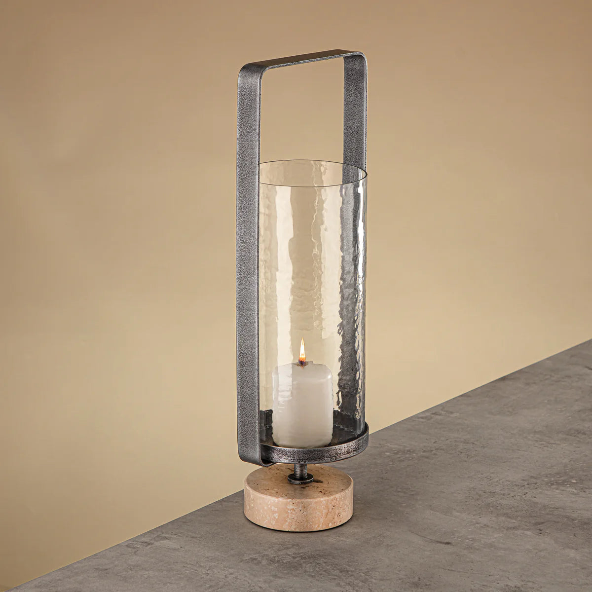 GMT2960030 Kalon Hurricane Lantern with Hammered Clear Glass and Travertine Base | Siddiq Gifts Abu Dhabi