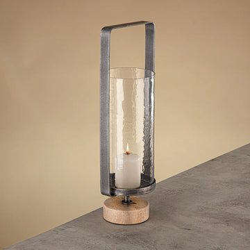 GMT2960030 Kalon Hurricane Lantern with Hammered Clear Glass and Travertine Base | Siddiq Gifts Abu Dhabi