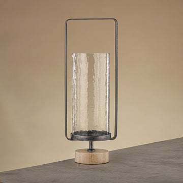 GMT2960030 Kalon Hurricane Lantern with Hammered Clear Glass and Travertine Base | Siddiq Gifts Abu Dhabi