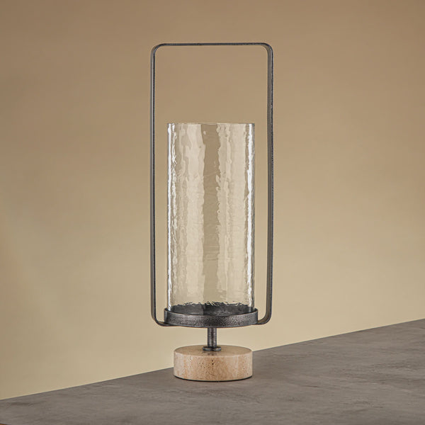 GMT2960030 Kalon Hurricane Lantern with Hammered Clear Glass and Travertine Base | Siddiq Gifts Abu Dhabi