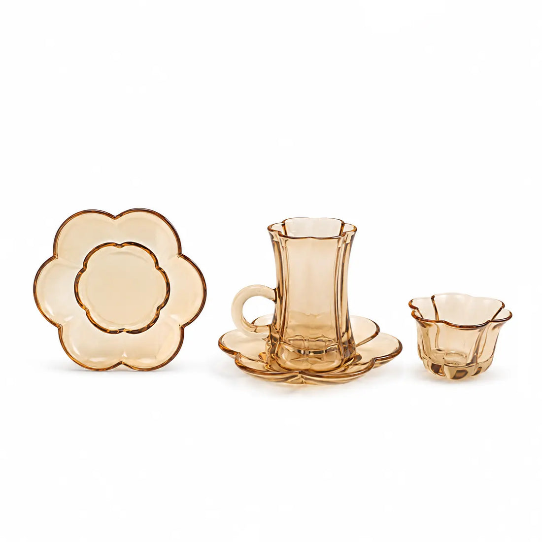 GT1259 Golden Touch Tea & Cawa Cup Set – 18 Pieces – Amber Glass Floral Design