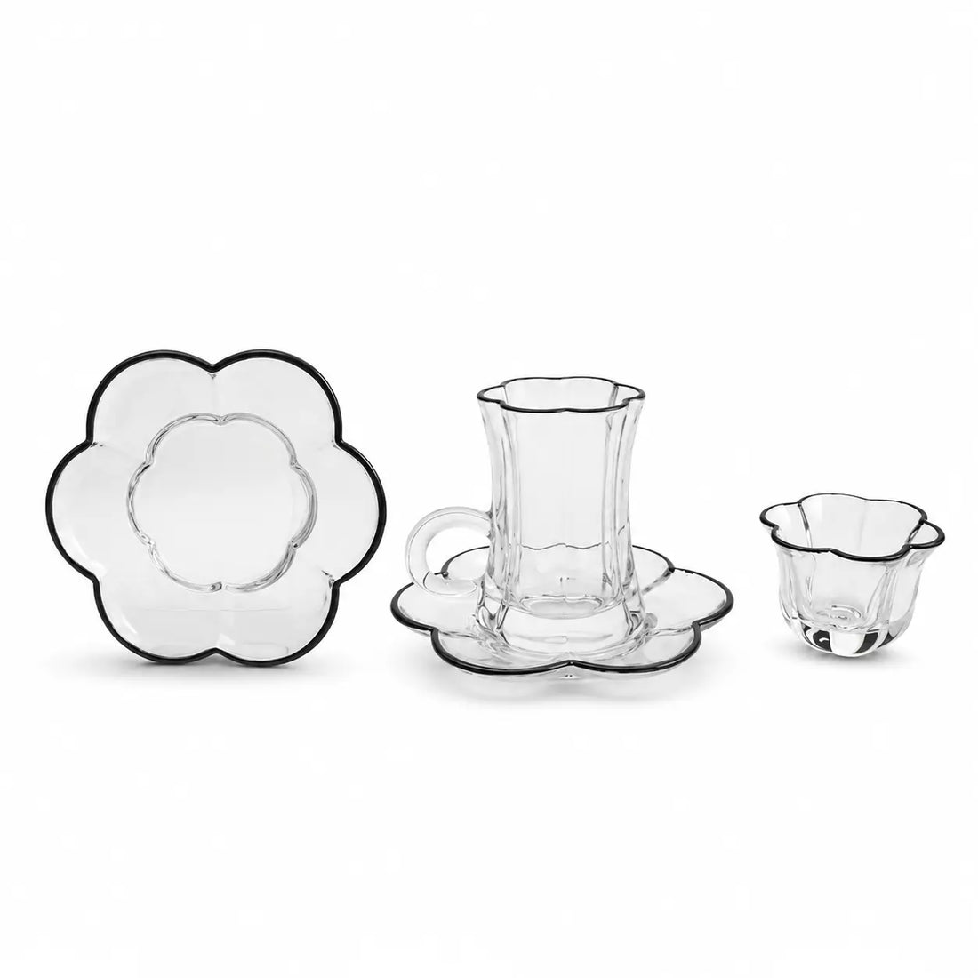 GT1256 Golden Touch Tea & Cawa Cup Set – 18 Pieces – Clear Glass with Black Rim Floral Design