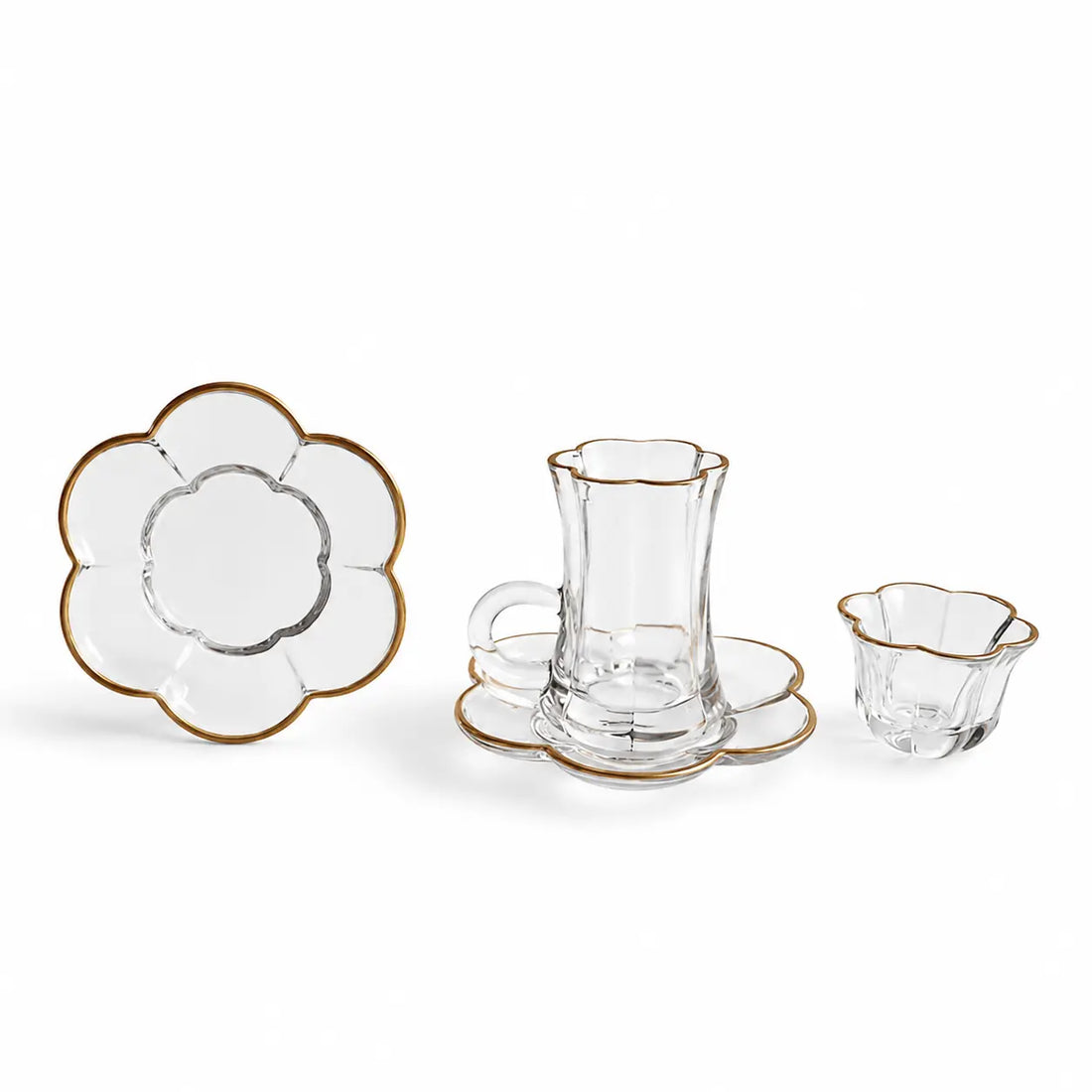 GT1260 Golden Touch Tea & Cawa Cup Set – 18 Pieces – Clear Glass with Gold Rim Floral Design