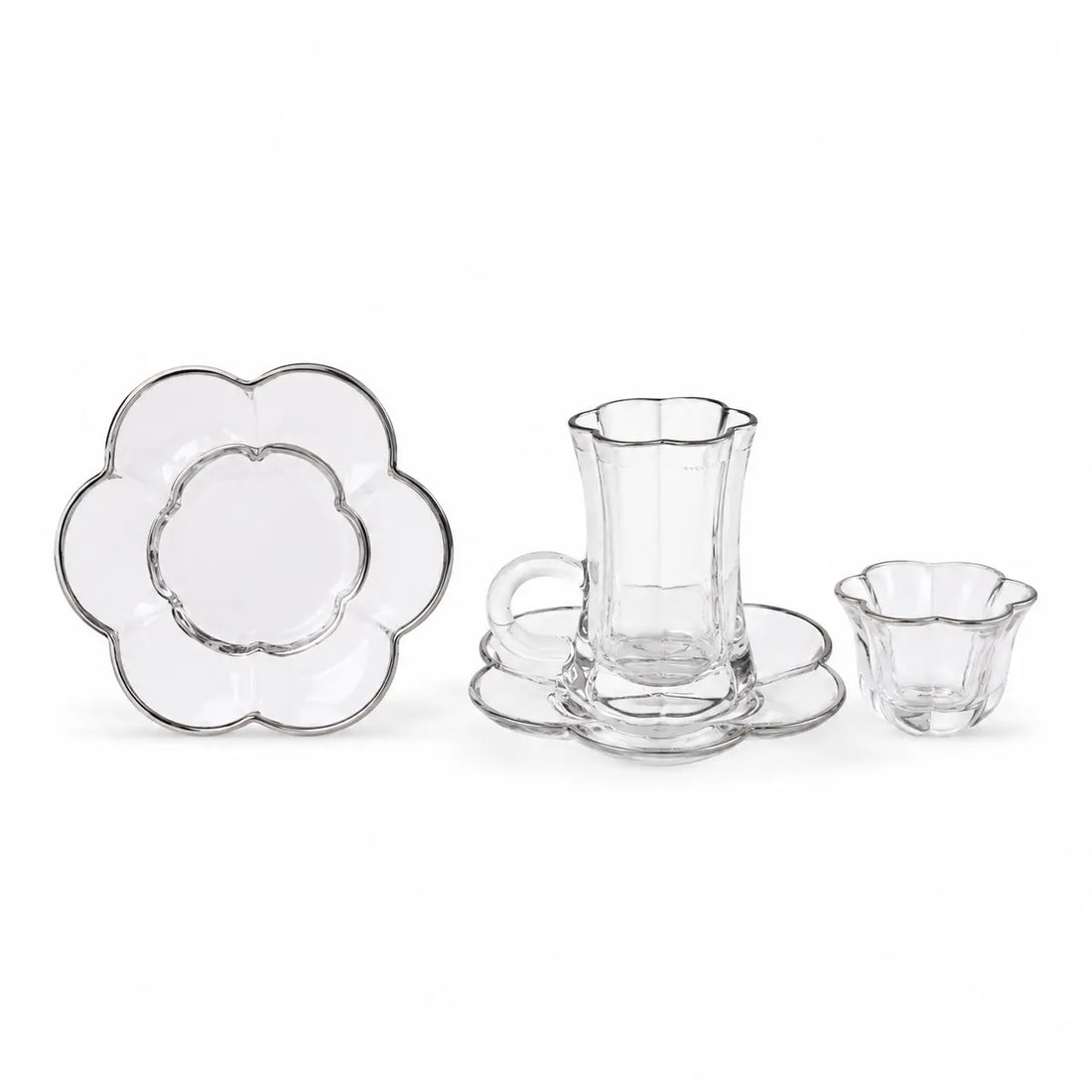 GT1261 Golden Touch Tea & Cawa Cup Set – 18 Pieces – Clear Glass with Silver Rim Floral Design