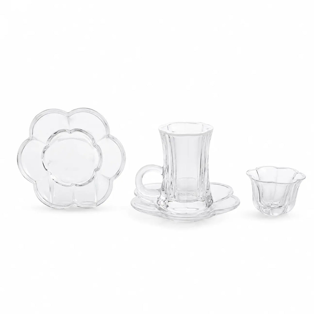 GT01255 Golden Touch Tea & Cawa Cup Set – 18 Pieces – Clear Glass with White Rim Floral Design