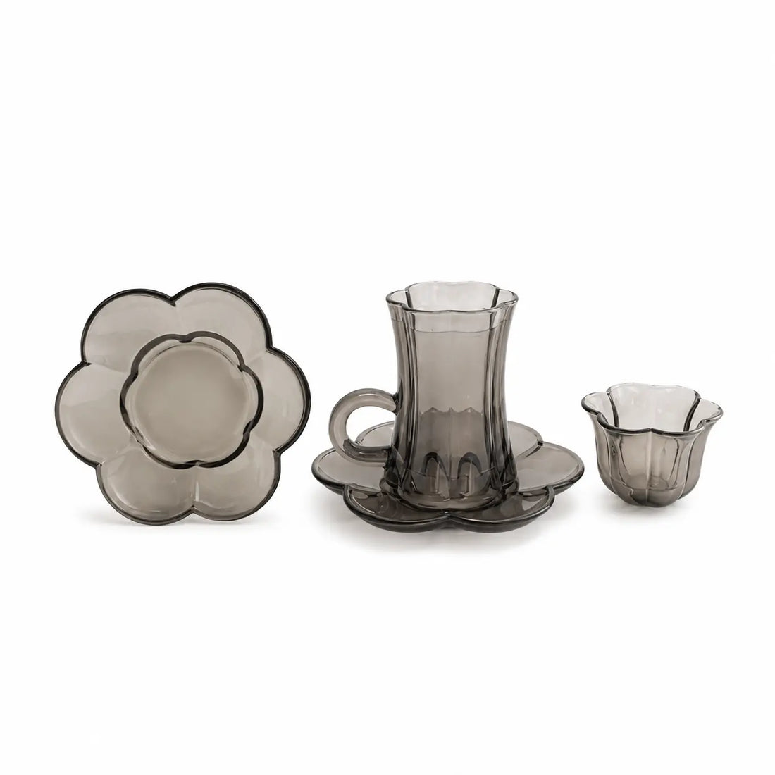 GT1257 Golden Touch Tea & Cawa Cup Set – 18 Pieces – Smoke Glass Floral Design