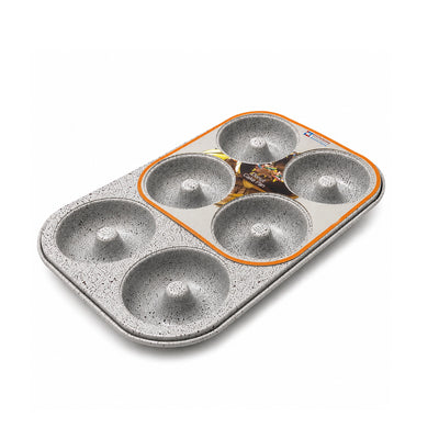 Durable Granite Non-Stick 6-Cup Donut Pan In Grey With Six Individual Molds, Designed For Easy Food Release And Conveniently Baking Homemade Donuts And Sweet Treats At Siddiq Gifts.