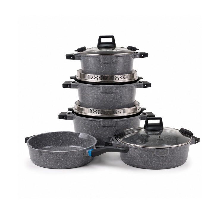 Granite Nonstick Cookware Set 9 Piece Induction Steamer Grey | Siddiq Gifts