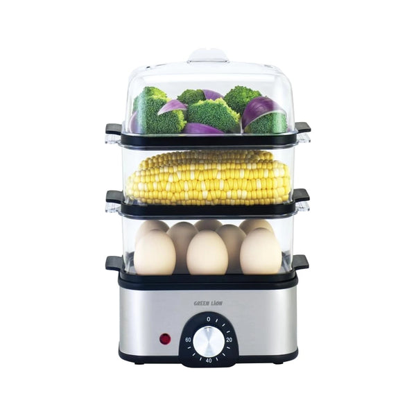 Green Lion 3 Tier Egg Cooker 500W 16 Eggs Capacity Electric Egg And Vegetable Steamer Grey Color