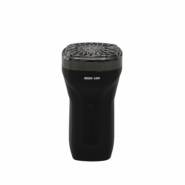 Black electric shaver with 'Green Lion' branding on a white background