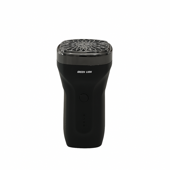 Black electric shaver with 'Green Lion' branding on a white background