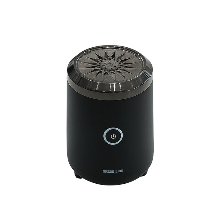 Black air purifier with star-shaped vent on a white background