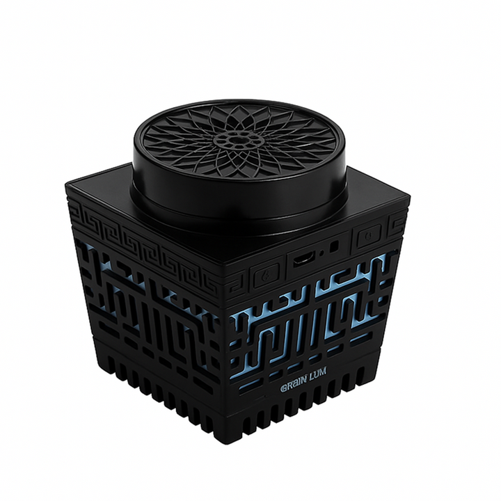 Black square-shaped product with circular top on a white background