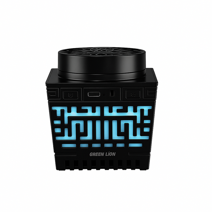 Black container with blue geometric design on a white background